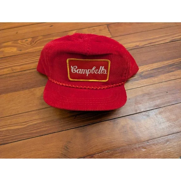Vintage Campbells Soup Derby Cap Red Corduroy Snapback Hat Made in USA Rope Trim